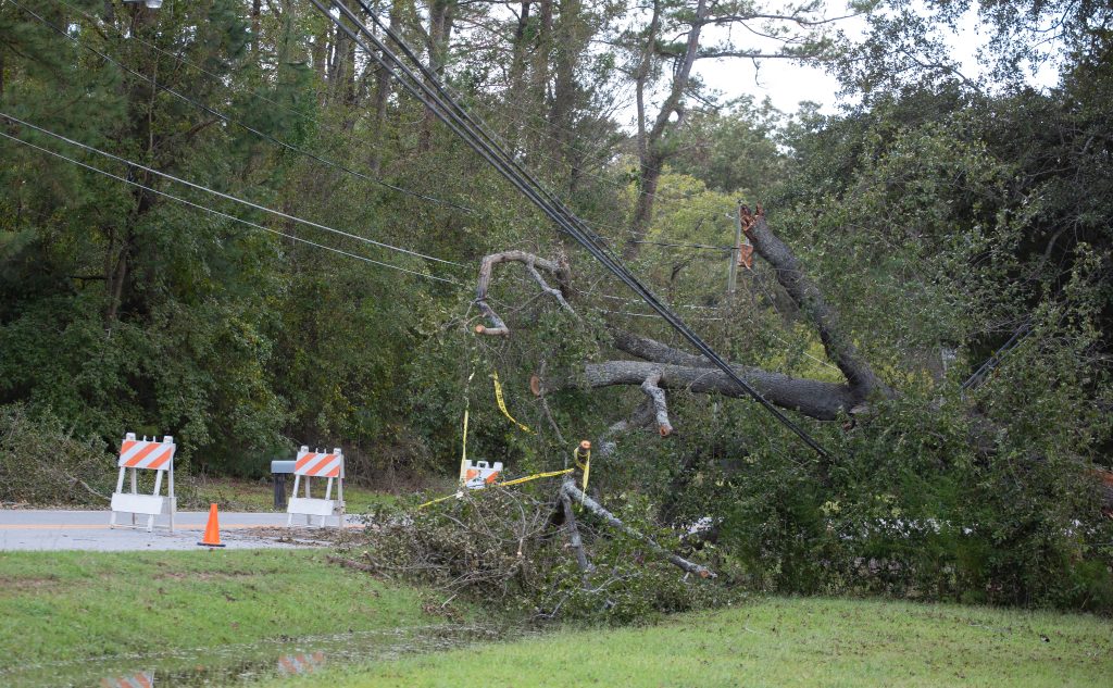 Wagram, North Carolina, United States/September 18, 2018: Power line that went down during Hurricane Florence, disaster hurricane relief concept emergency response and communication - on hold marketing concept