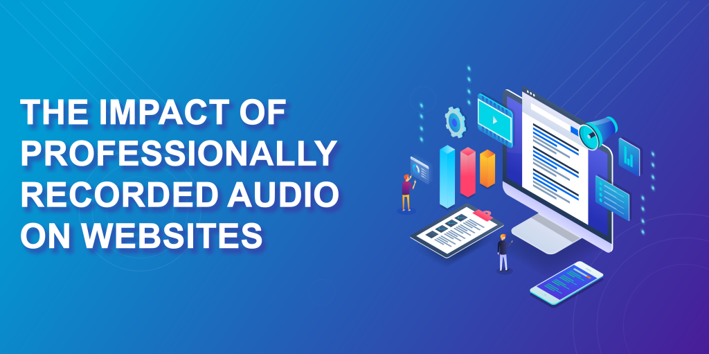 The Impact of Professionally Recorded Audio on Websites - Red background with digital illustration of computer with audio and video concepts, users searching web with speakers and settings visible to show the benefits of web audio