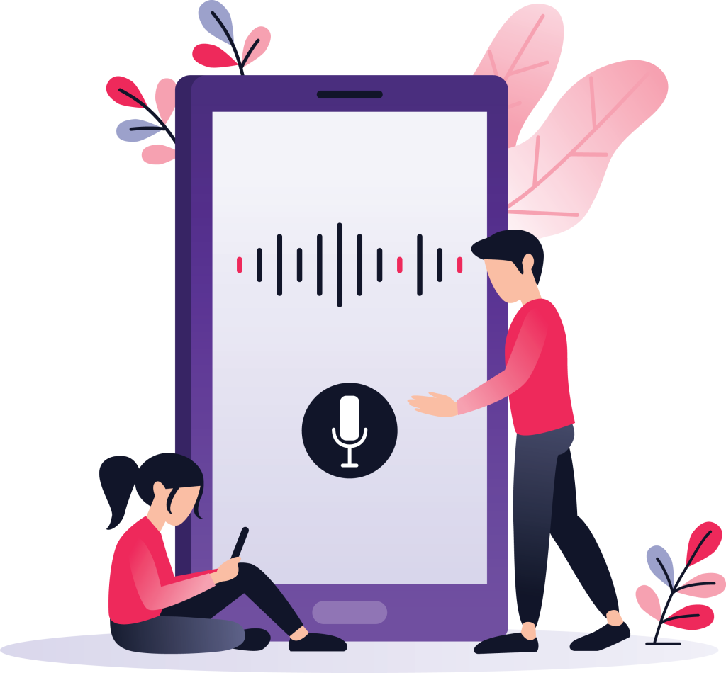 The Impact on Marketing Outcomes - List Image - Increased Engagement, Enhanced Credibility, Emotional Connection - Vector illustration of two people around digital device with sound waves and microphone graphic conveying the importance of professional sound and voice in web and tech user experience