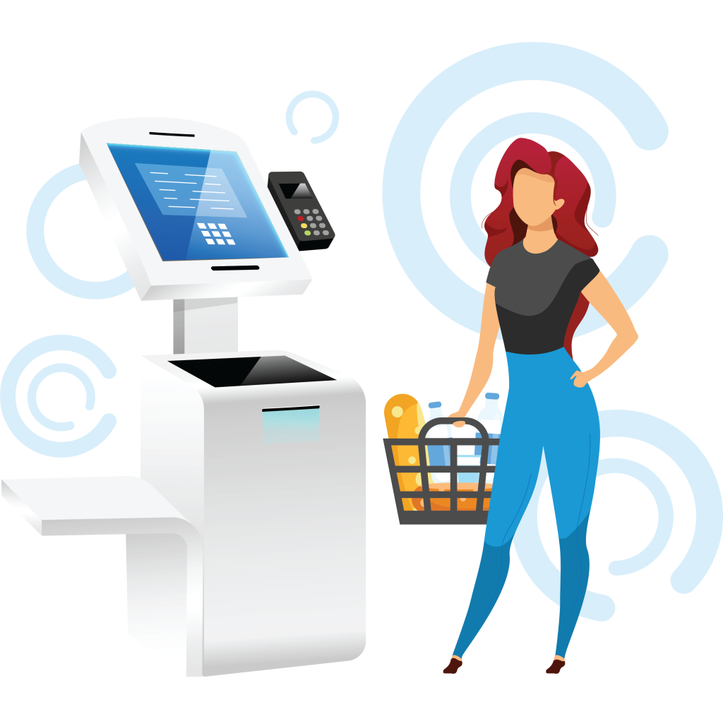 As technology becomes more sophisticated, the ability to customize content based on data inputs is a game-changer. This trend involves using analytics and connectivity to tailor messages and graphics to the audience in front of the screen at any given time - vector graphic of a woman standing near a self service checkout kiosk