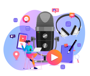 Vetor Illustration of web user surrounded by audio icons and graphics conveying the importance of audio, tone and voice talent to marketing and web user experience. Audio Marketing concept