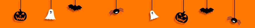 Halloween decorative footer - orange background with hanging ghosts, bats, spiders, and pumpkins