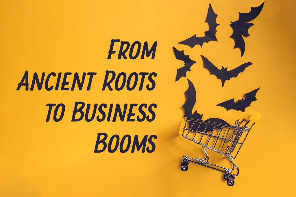 From Ancient Roots to Business Booms - Title card - Orange background with black text and black paper bats in miniature shopping cart