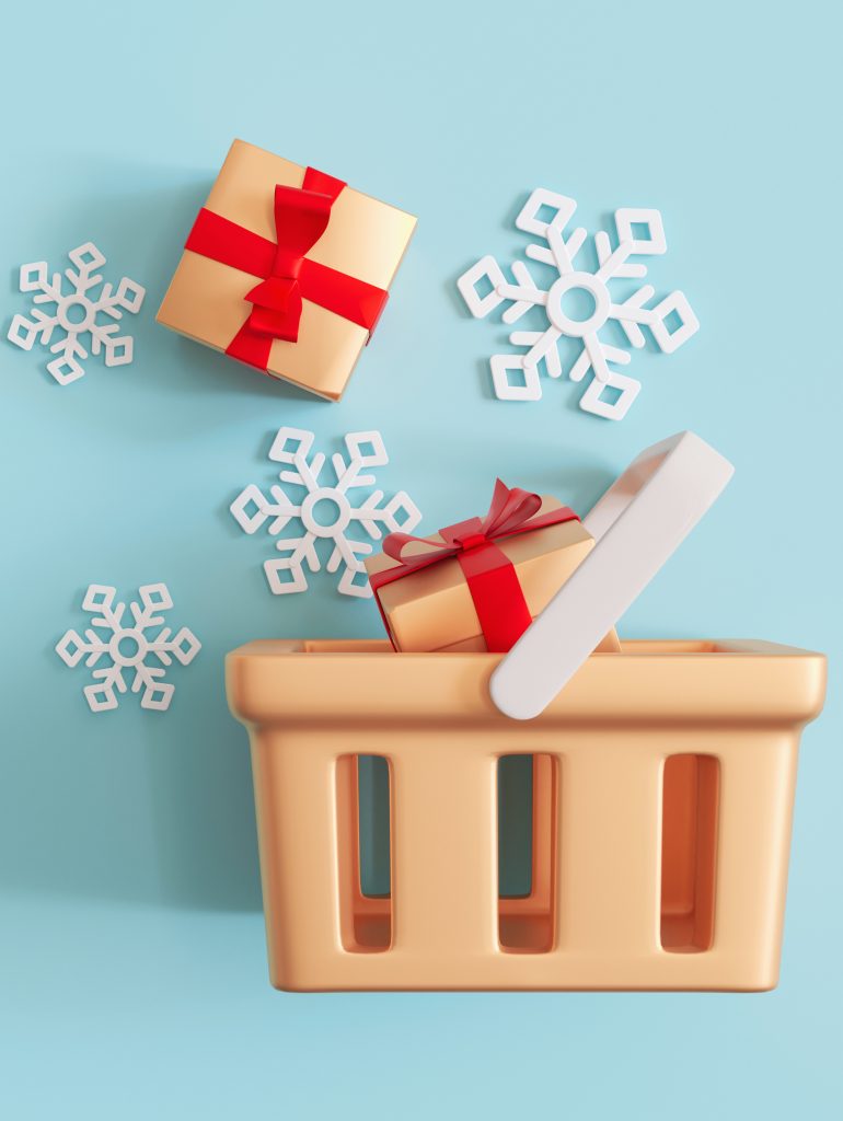 Enhancing the Customer Experience with Overhead Music - shopping basket with gift boxes and snowflakes against a blue background