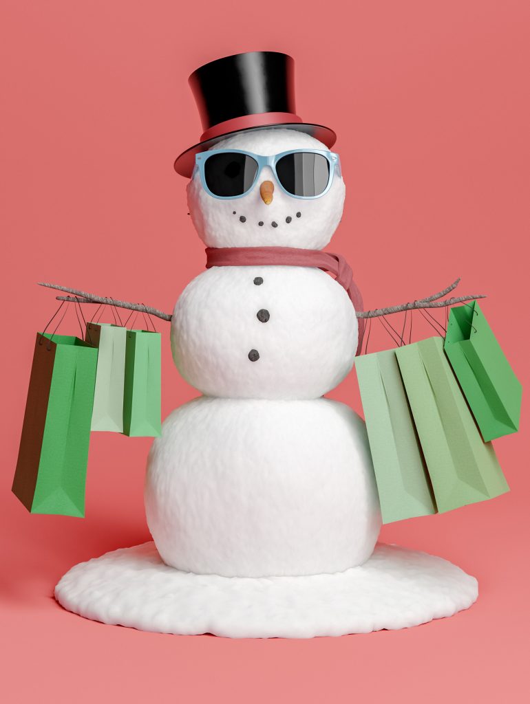 In-Store Announcements: Driving Immediate Action - Snowman with sunglasses and shopping bags on his arms in front of pink background