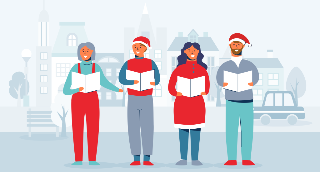 Illustration of people standing on street with books singing Christmas carols to illustrate "The Middle Ages saw carols move out of churches and into public spaces, becoming a communal activity." 