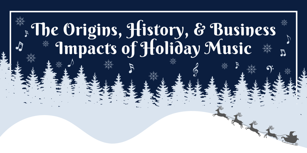 Title Card - The Origins, History, & Business Impacts of Holiday Music - Reindeer and sleigh on white snow with light blue trees on a dark blue background with scattered snowflakes and music notes 