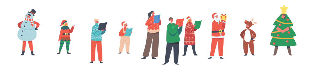 Illustration of Christmas carolers singing with books and holiday dress and costumes