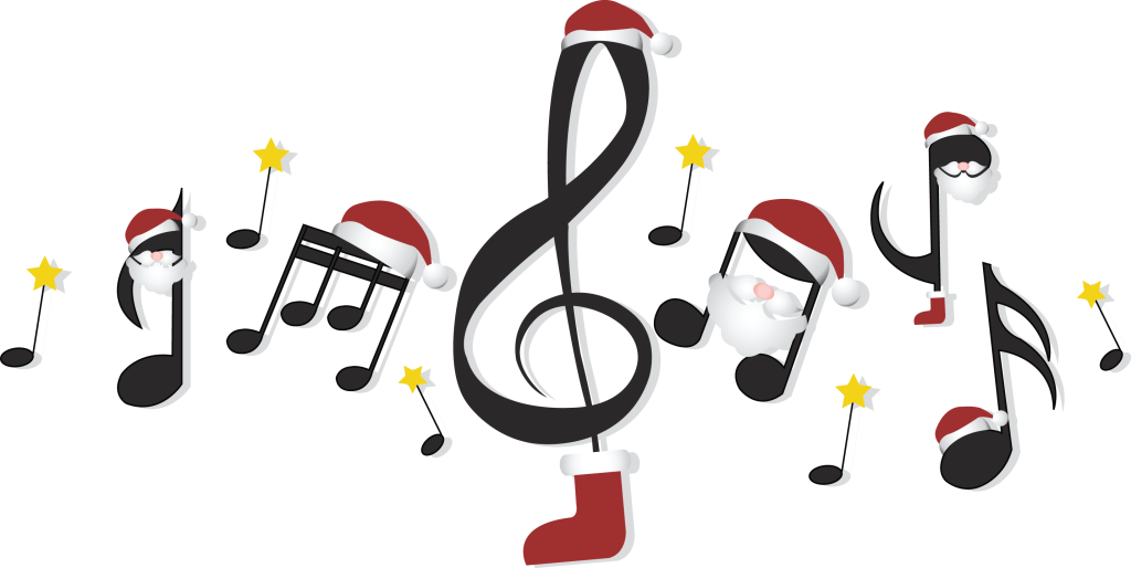 Music notes wearing Christmas hats and stockings to illustrate holiday music concept