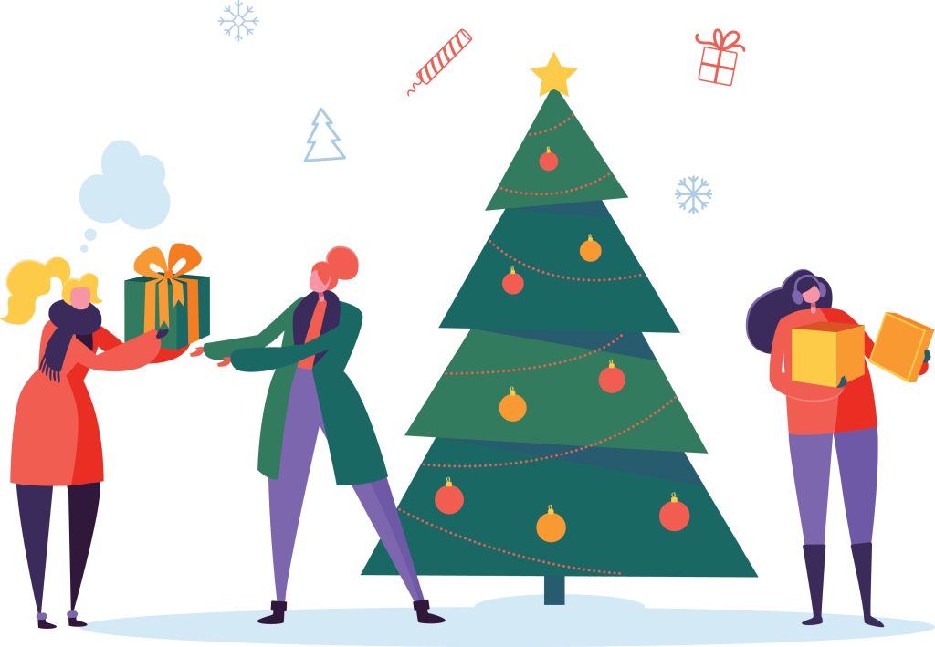 Illustration of Christmas tree with people exchanging gifts showing the "Importance of Holiday Music for Businesses"