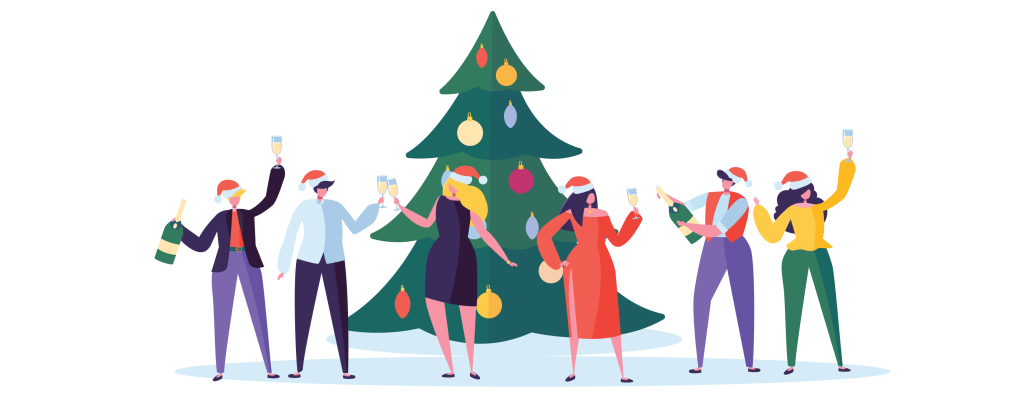 Christmas party illustration with various people standing in front of Christmas tree celebrating wearing Santa hats