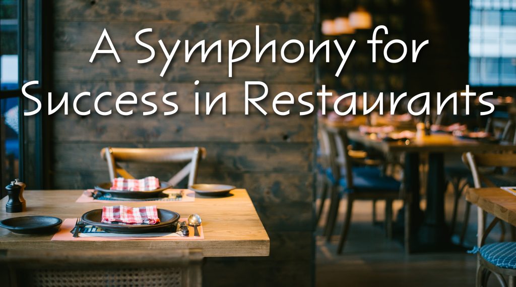 A Symphony for Success in Restaurants - Title Card -  Image of empty restaurant window seat with set table and blurred background, text overlay